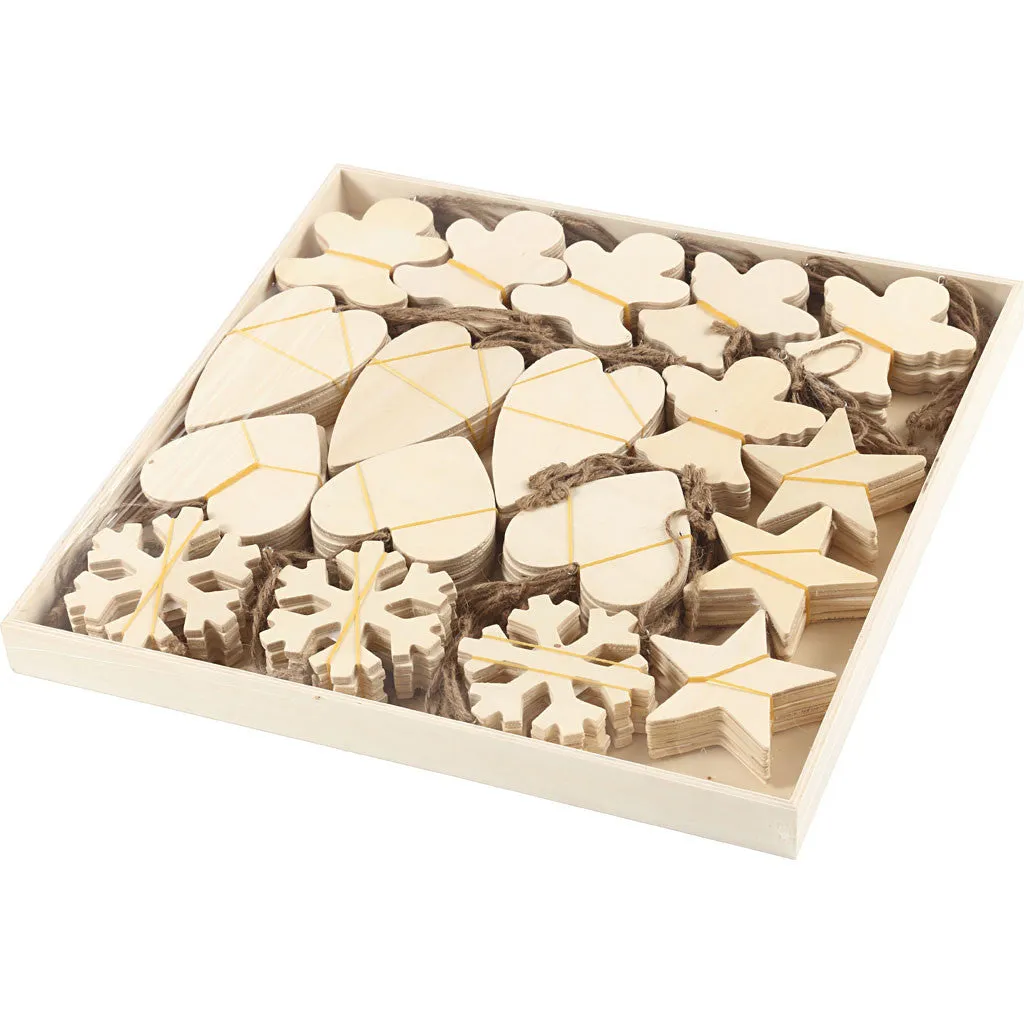 90 x Assorted Design Plywood Ornaments With Cord Christmas Decoration Crafts 9-11 cm