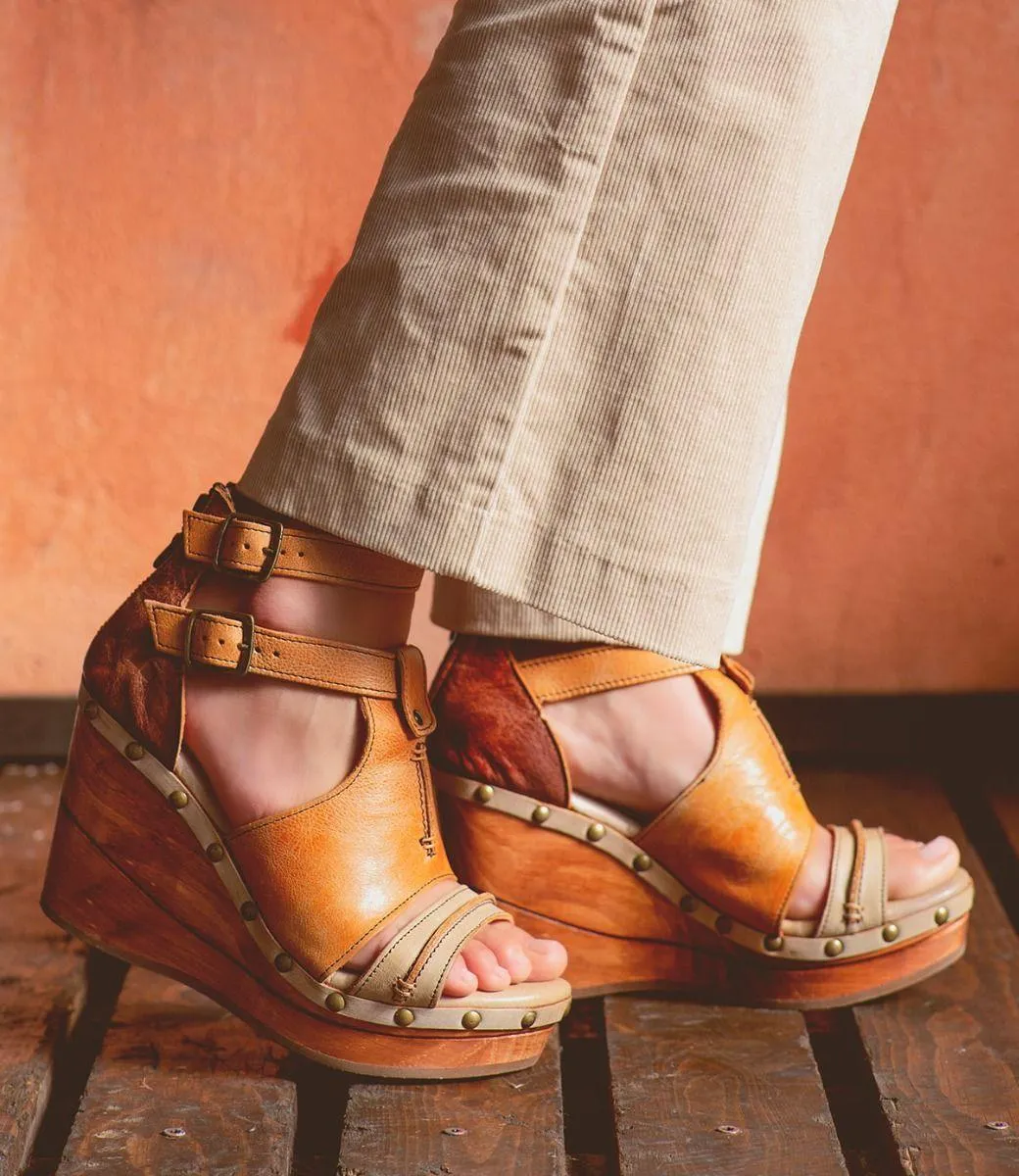 Bed Stu Women's Princess Cafe Latte Lux Leather Wedge Sandals F399029