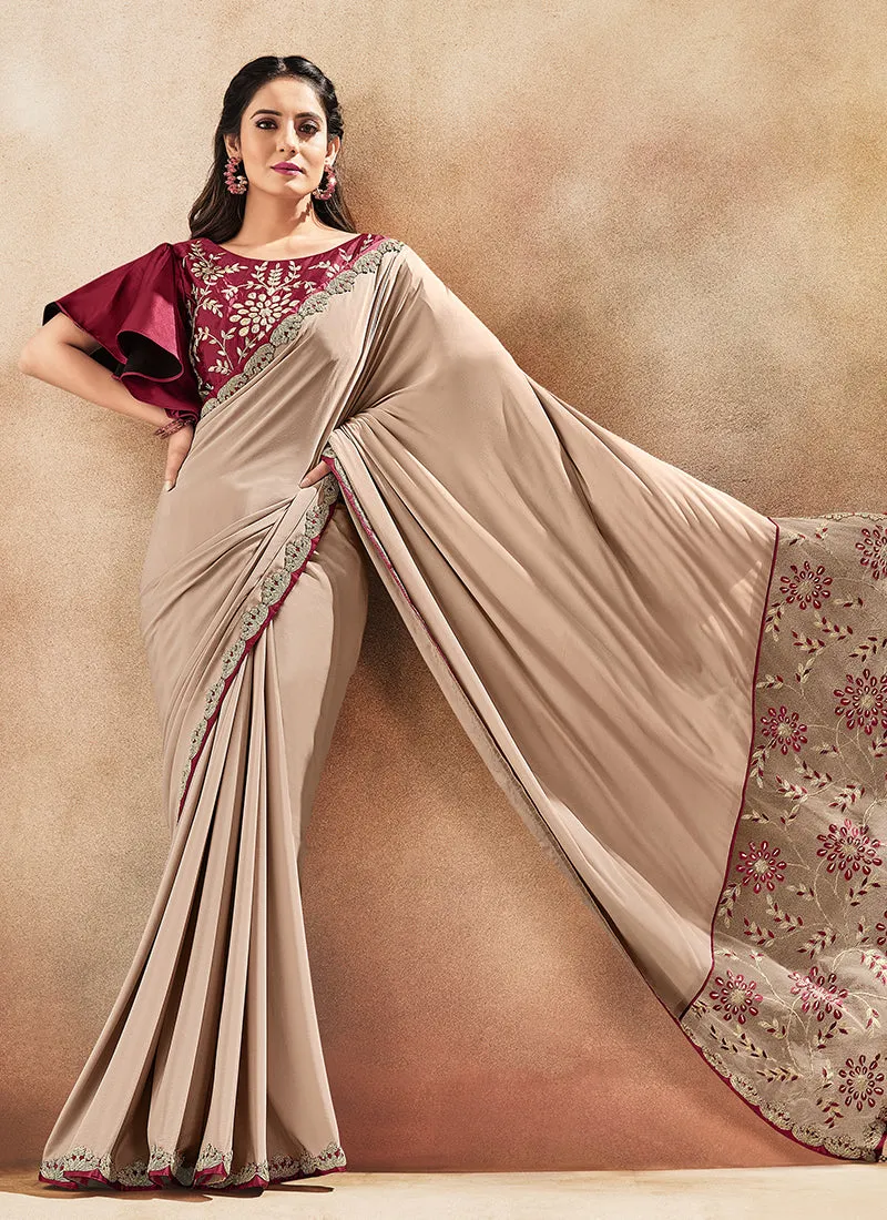 Beige Maroon Floral Embroidered Wedding Style Saree