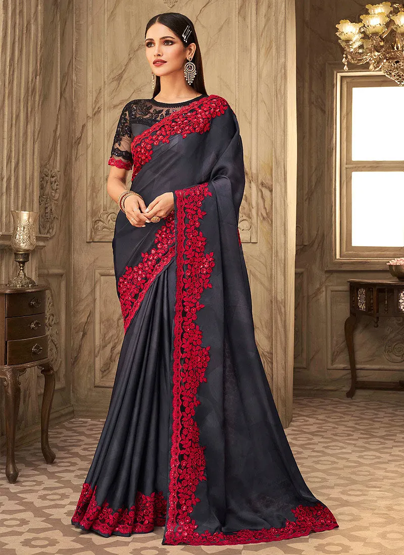 Black Embroidered Silk Saree
