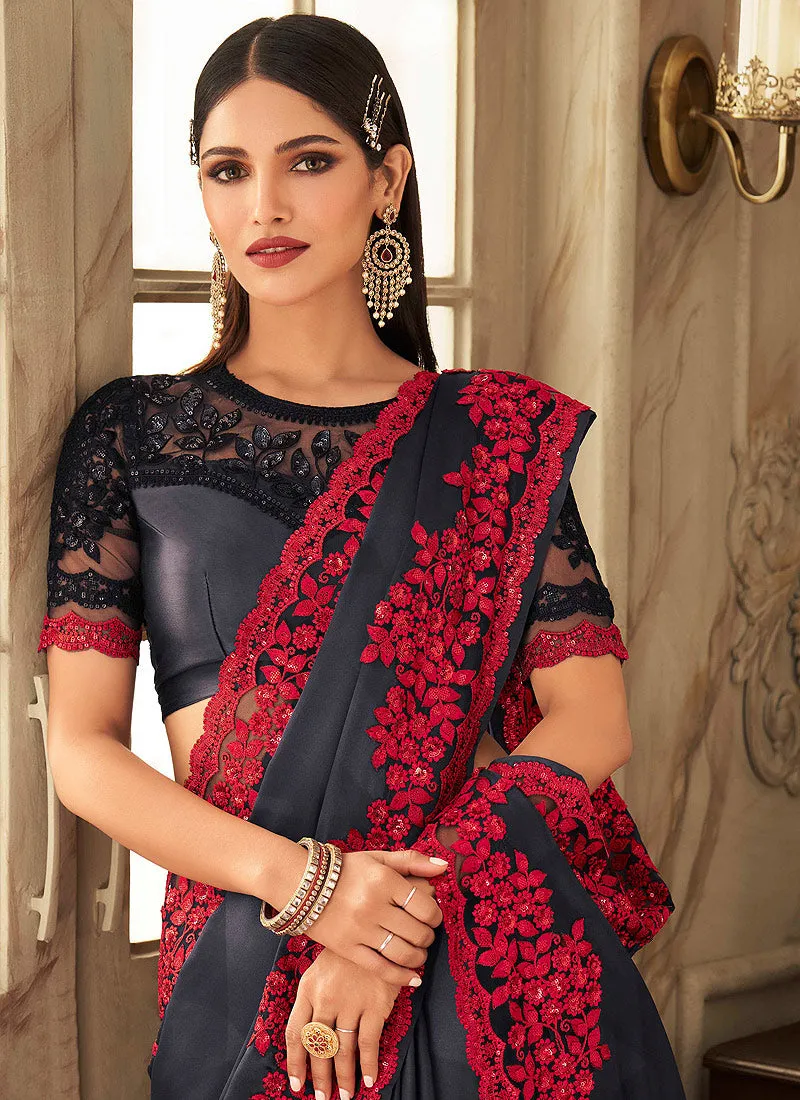 Black Embroidered Silk Saree