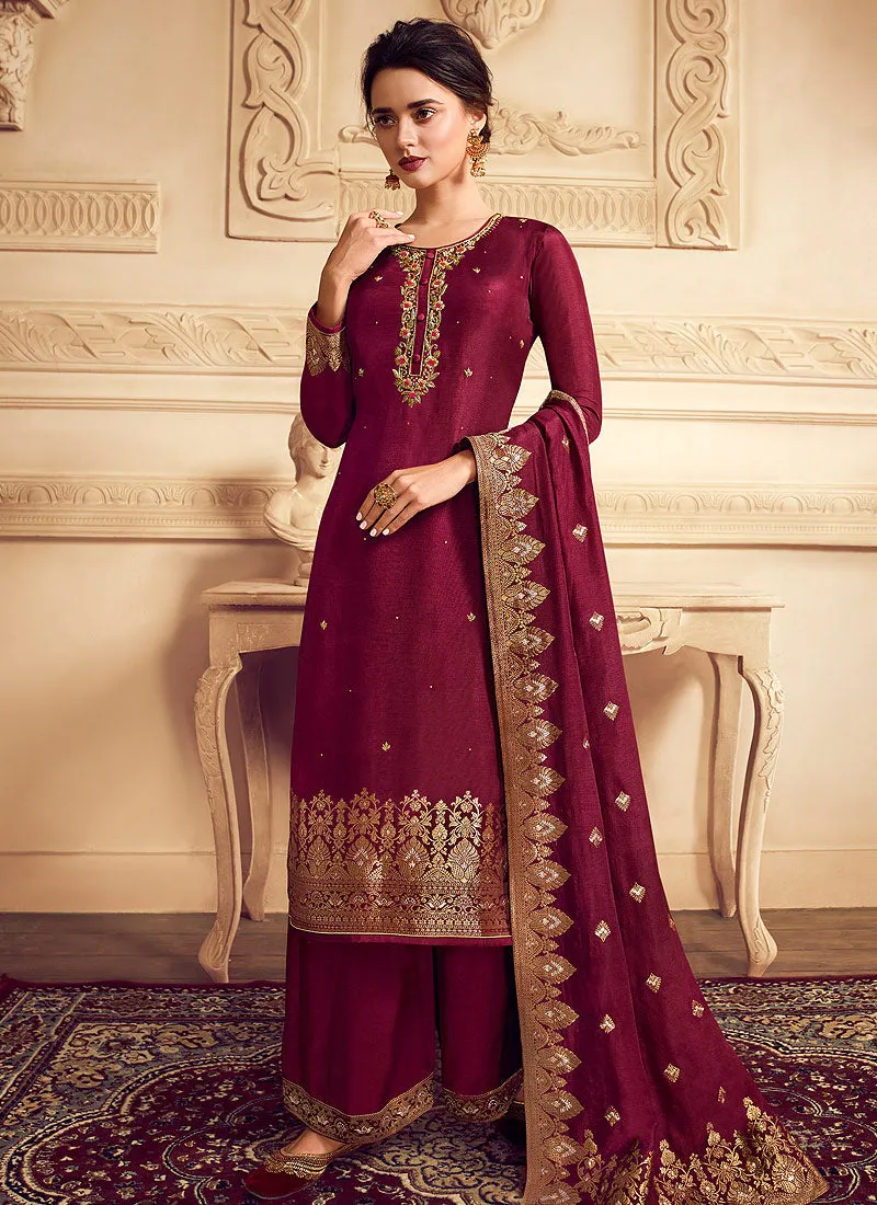 Bridal Red Golden Embroidered Designer Palazzo Suit