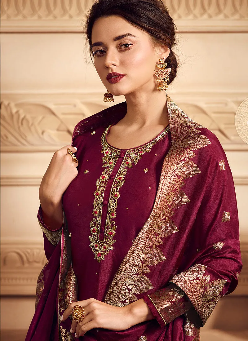 Bridal Red Golden Embroidered Designer Palazzo Suit