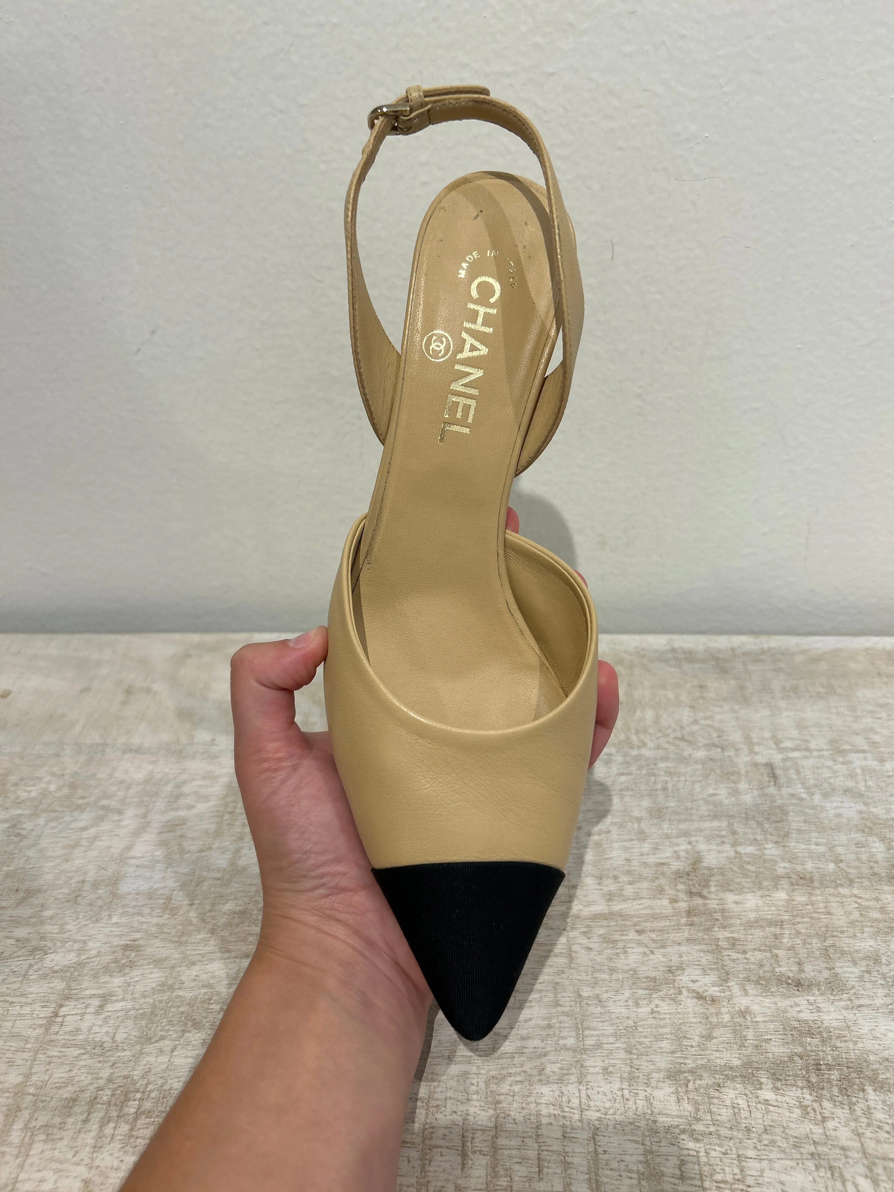 Chanel Shoes, Beige & Black Pointed Toe Slingback Heels (size 40)