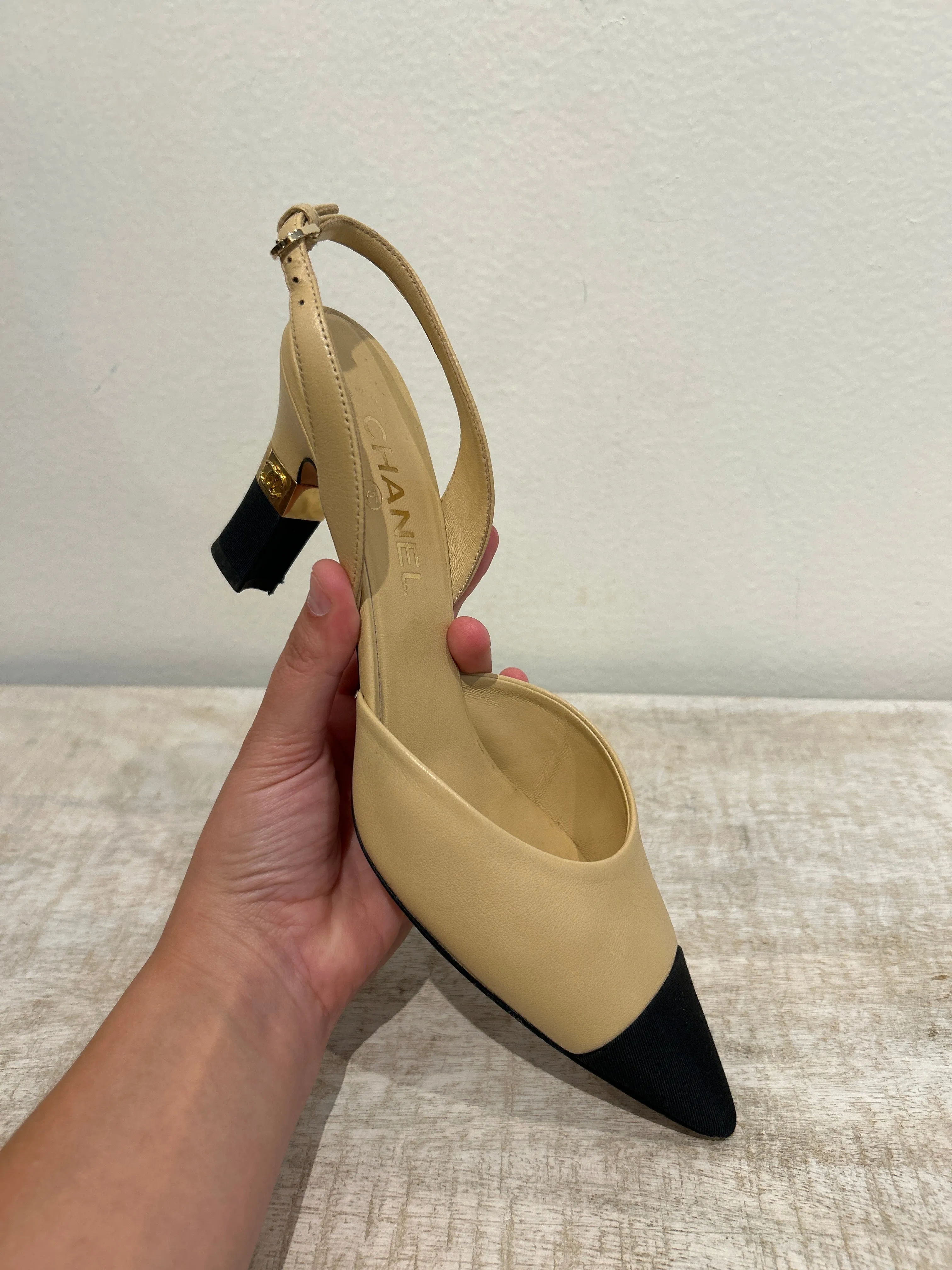 Chanel Shoes, Beige & Black Pointed Toe Slingback Heels (size 40)
