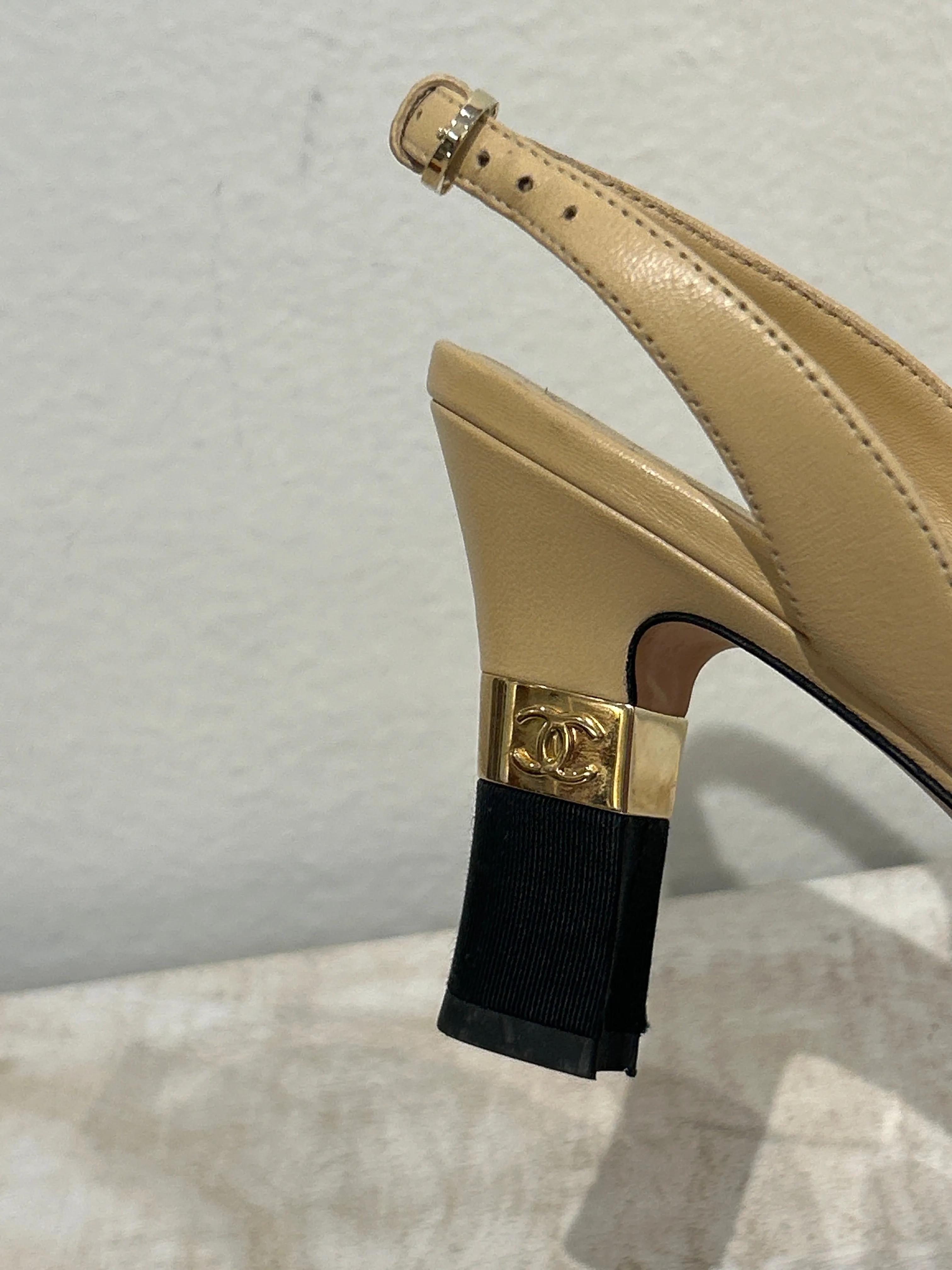 Chanel Shoes, Beige & Black Pointed Toe Slingback Heels (size 40)