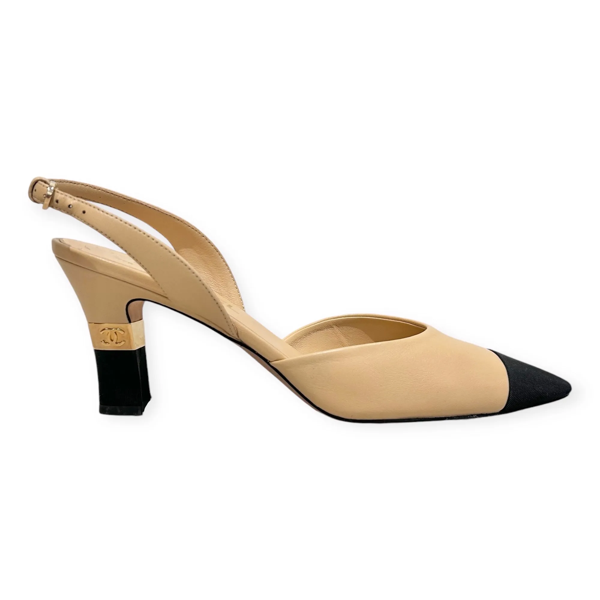 Chanel Shoes, Beige & Black Pointed Toe Slingback Heels (size 40)