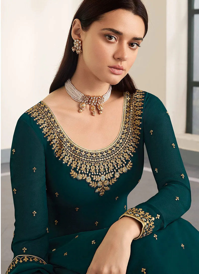 Deep Green Embroidered Palazzo Style Pant Suit