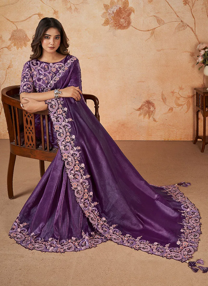 Deep Purple Multi Sequence Embroidery Wedding Saree
