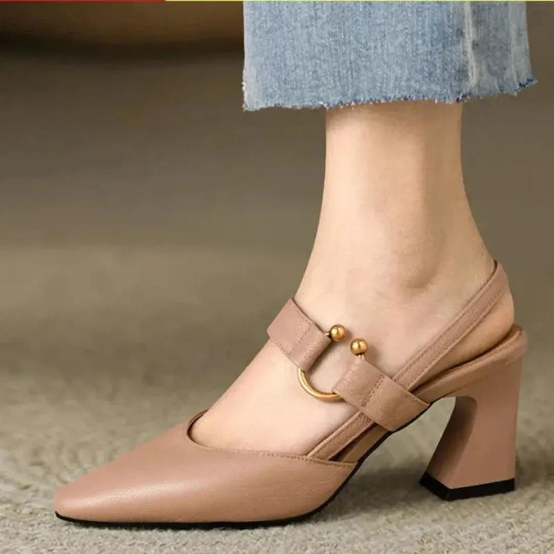 Divina Black Slingback Block Heels with Gold Accents