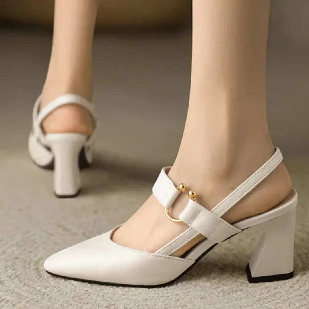Divina Black Slingback Block Heels with Gold Accents
