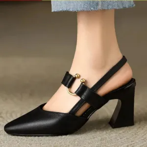 Divina Black Slingback Block Heels with Gold Accents