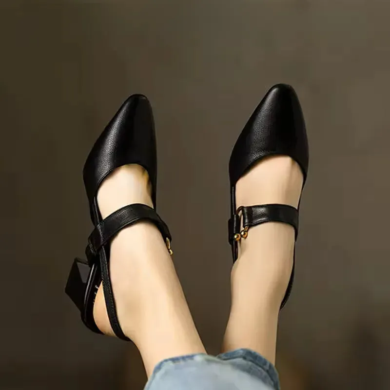 Divina Black Slingback Block Heels with Gold Accents