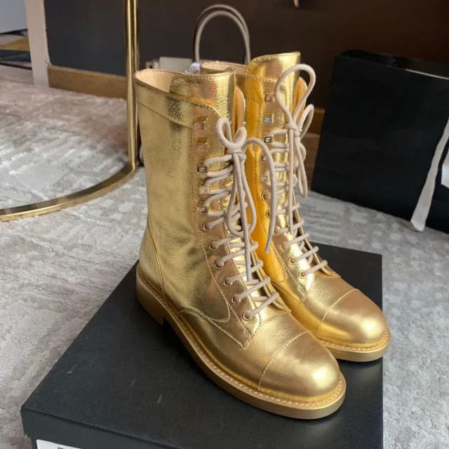 Fashion Cowhide Genuine Leather High top Martin Boots Women Golden