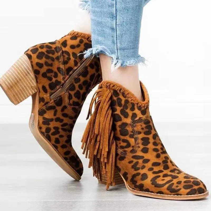 Fashion Leopard Tassel Zipper Ankle Boots