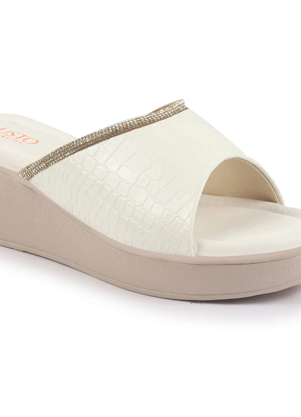 FAUSTO Women White Embellished Open Toe Textured Wedge Heel Sandal With Cushioned Footbed|Platform Sandal For Party|Festive|Wedding