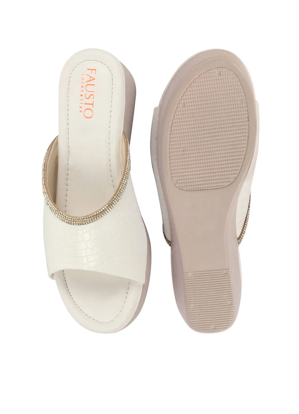 FAUSTO Women White Embellished Open Toe Textured Wedge Heel Sandal With Cushioned Footbed|Platform Sandal For Party|Festive|Wedding