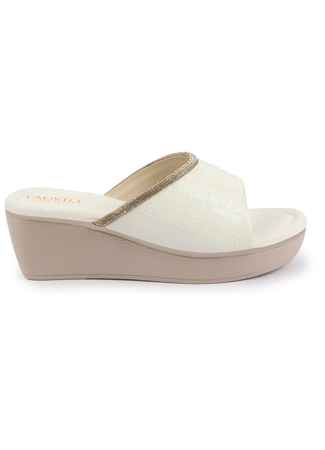 FAUSTO Women White Embellished Open Toe Textured Wedge Heel Sandal With Cushioned Footbed|Platform Sandal For Party|Festive|Wedding
