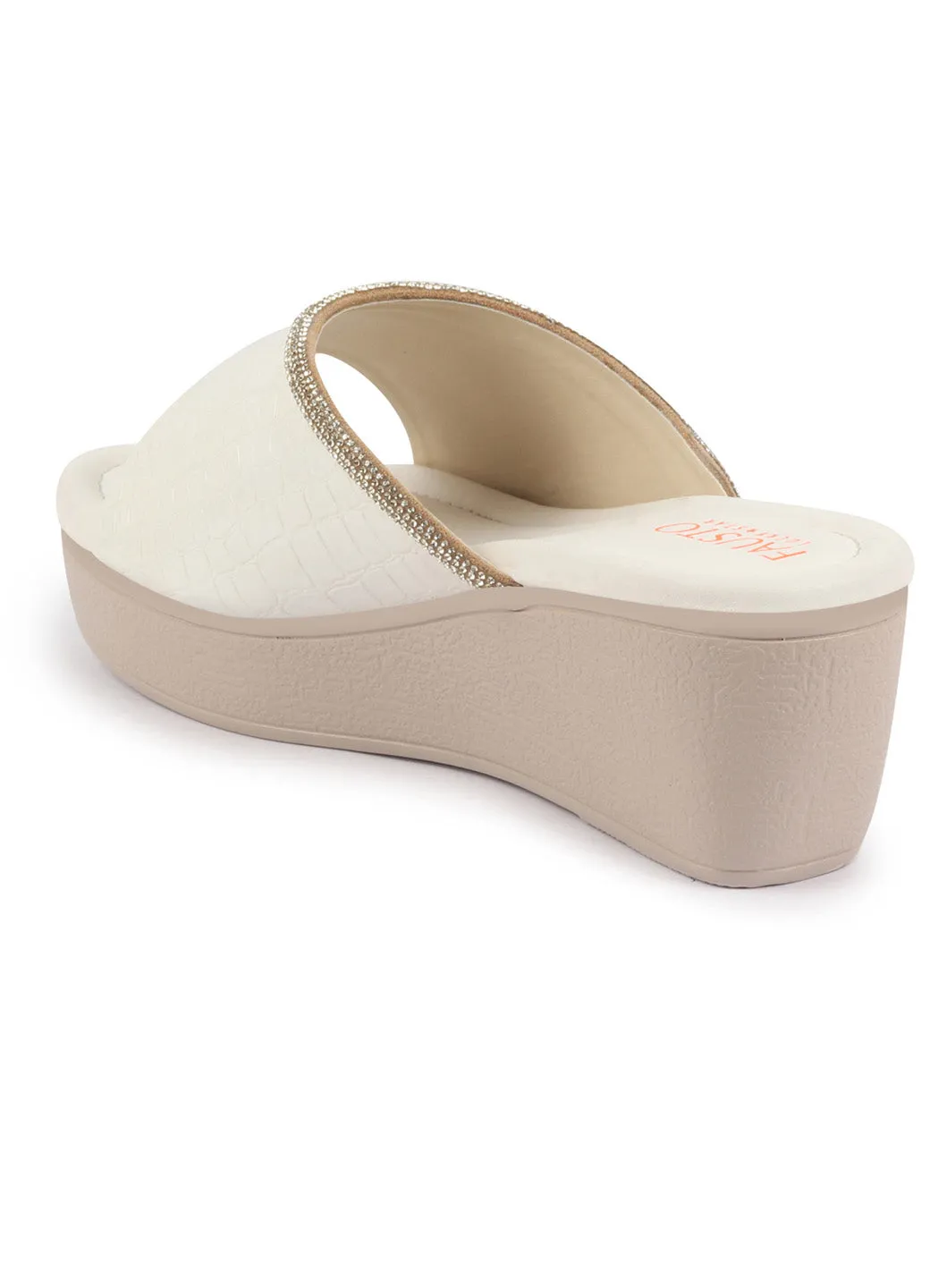 FAUSTO Women White Embellished Open Toe Textured Wedge Heel Sandal With Cushioned Footbed|Platform Sandal For Party|Festive|Wedding