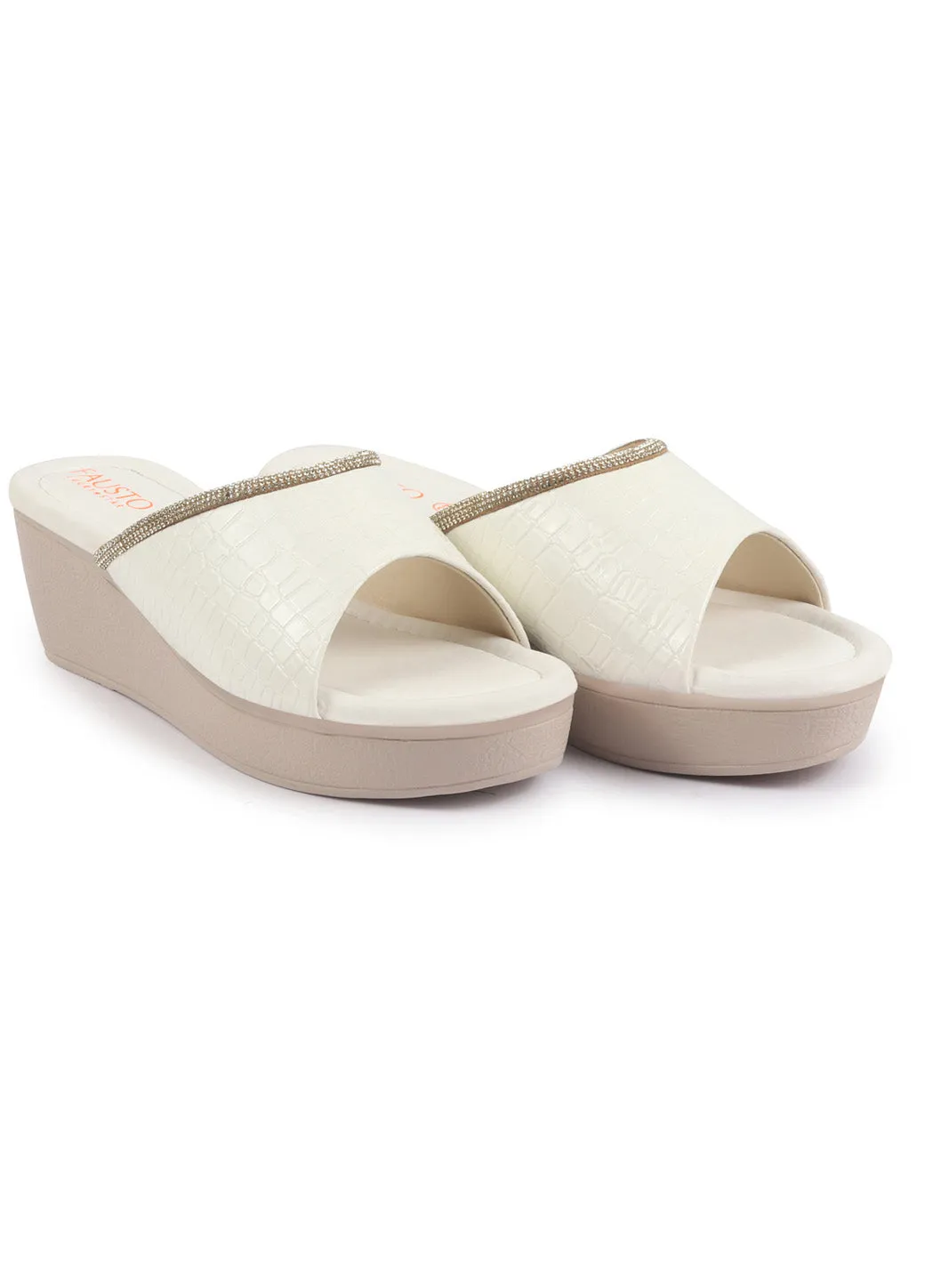 FAUSTO Women White Embellished Open Toe Textured Wedge Heel Sandal With Cushioned Footbed|Platform Sandal For Party|Festive|Wedding