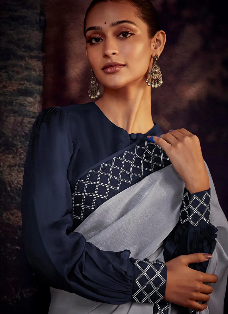 Grey And Blue Embroidered Organza Silk Saree