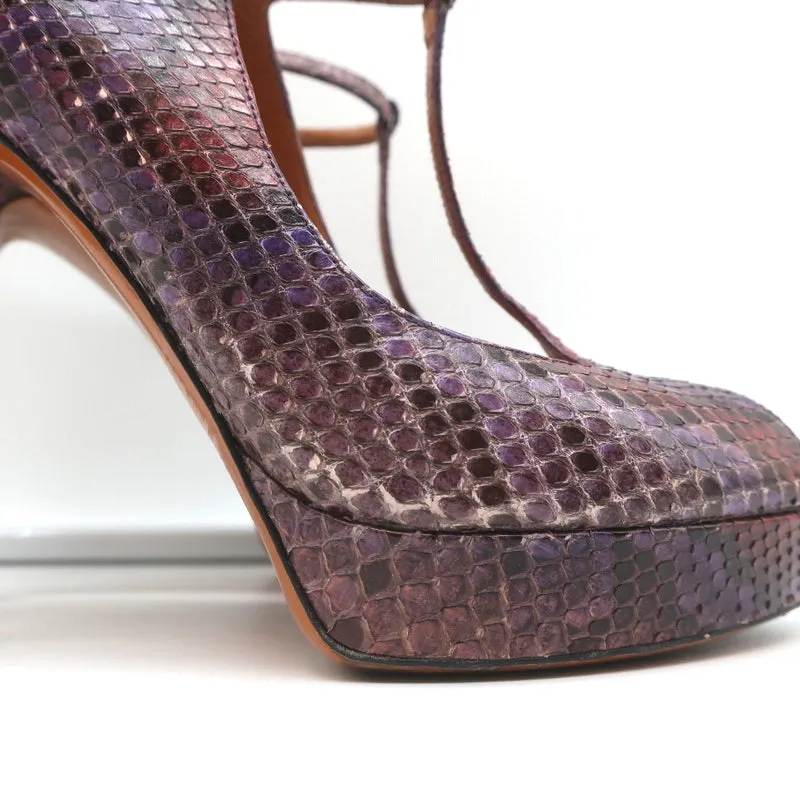 Gucci Platform T-Strap Pumps Purple Snakeskin Size 40 Peep Toe Heels