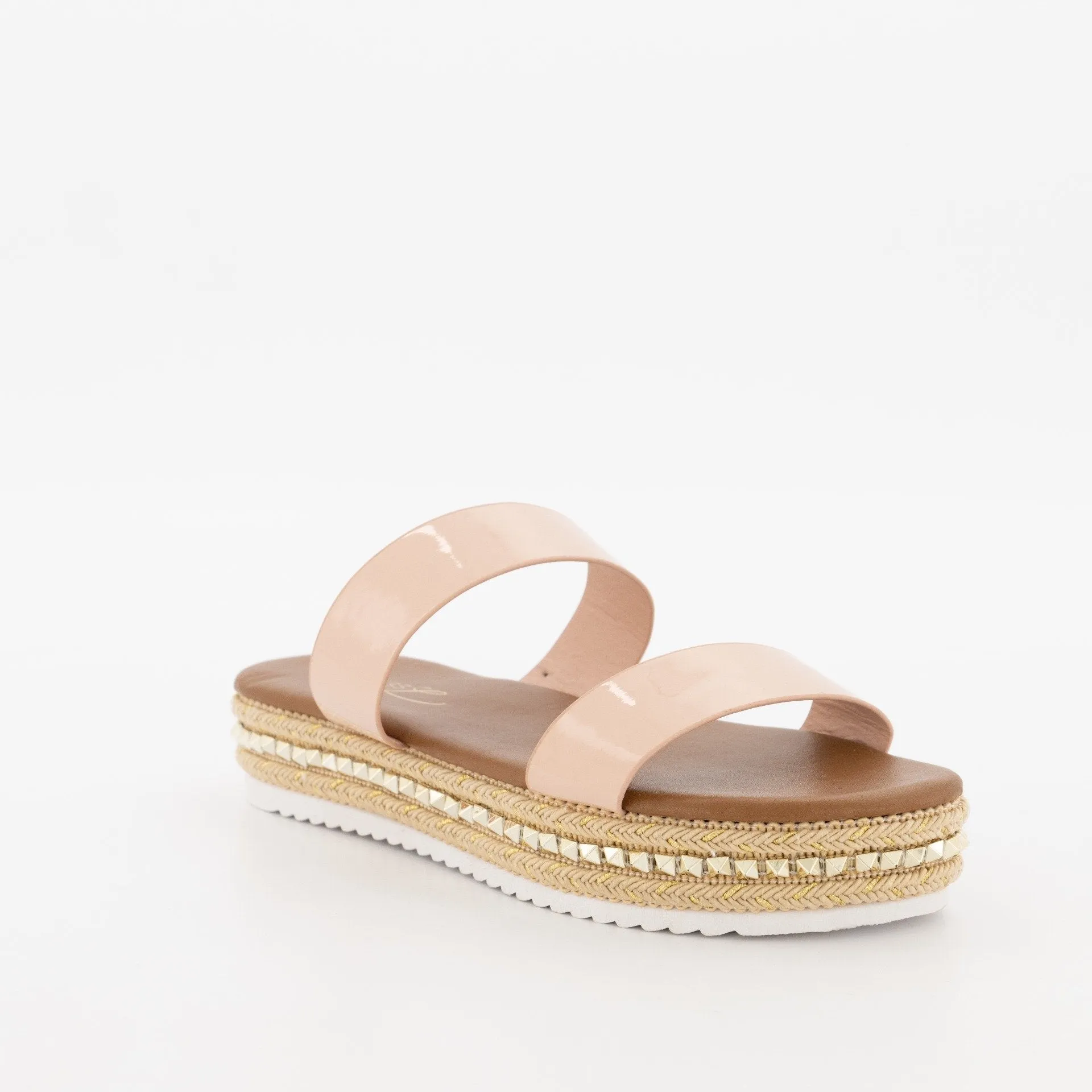 Ladies Metallic 2 Strap Push-In Embellished Platform - Blush