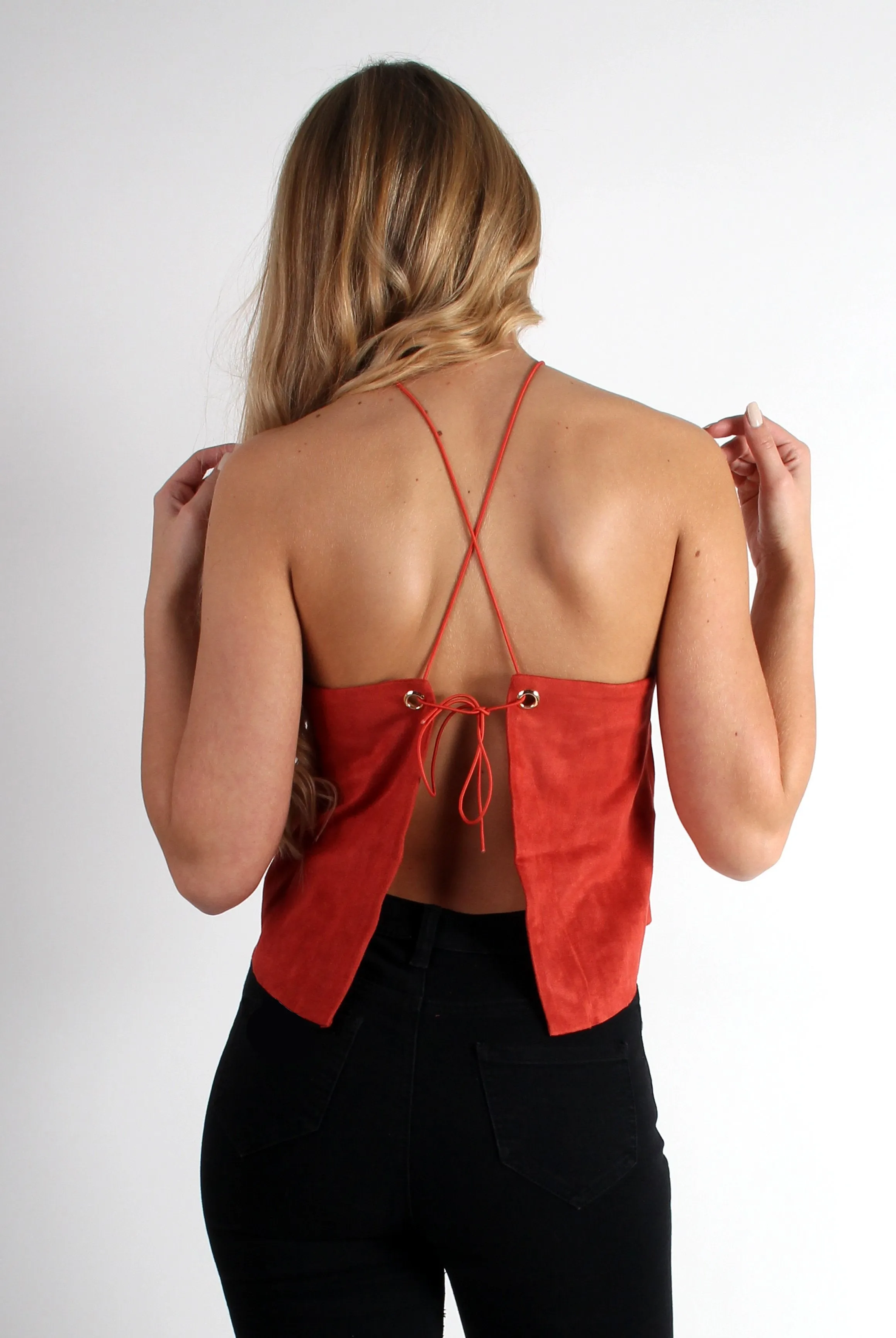 Laura Copper Suede High Neck Tie Back Top