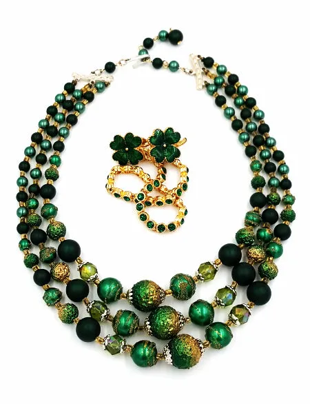 Lucky Shamrock Vintage Jewelry Lot Japan Necklace Avon Earrings and Bracelet