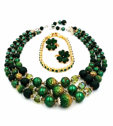 Lucky Shamrock Vintage Jewelry Lot Japan Necklace Avon Earrings and Bracelet
