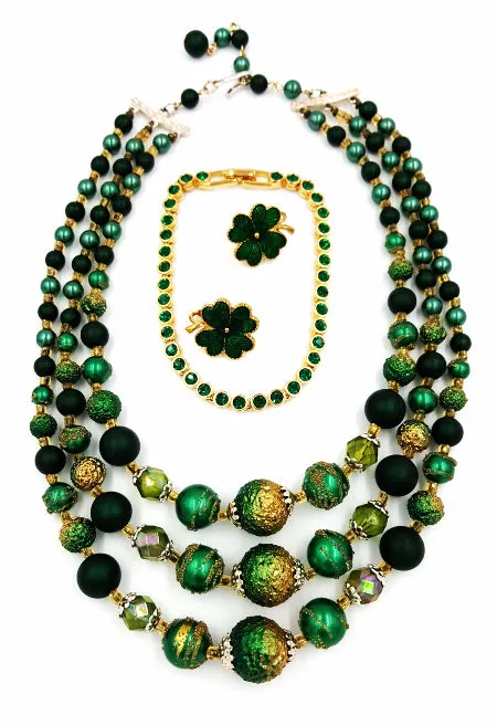 Lucky Shamrock Vintage Jewelry Lot Japan Necklace Avon Earrings and Bracelet
