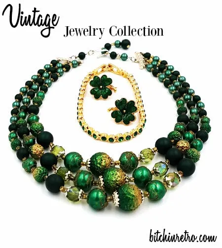 Lucky Shamrock Vintage Jewelry Lot Japan Necklace Avon Earrings and Bracelet