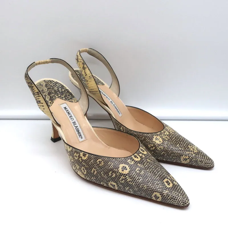 Manolo Blahnik Carolyne Slingback Pumps Ivory Lizard Size 38.5 Pointed Toe Heels