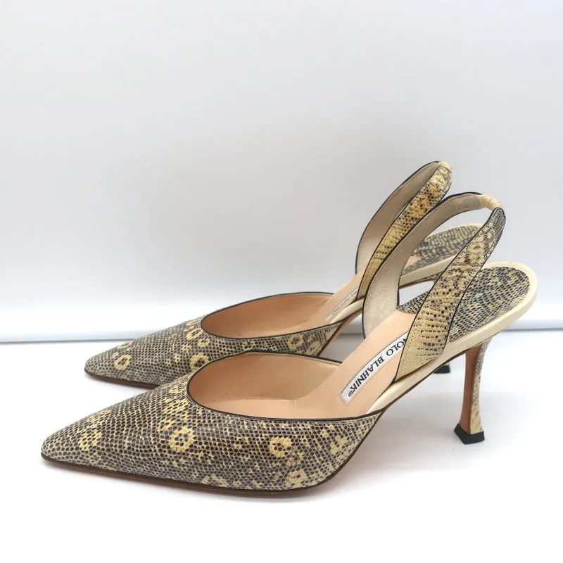 Manolo Blahnik Carolyne Slingback Pumps Ivory Lizard Size 38.5 Pointed Toe Heels