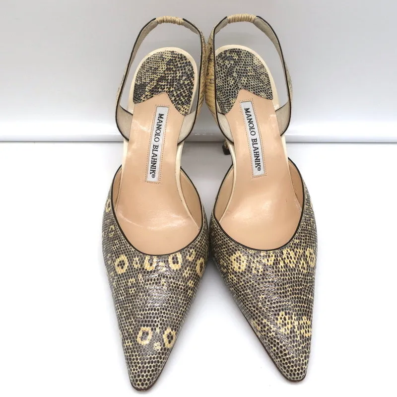 Manolo Blahnik Carolyne Slingback Pumps Ivory Lizard Size 38.5 Pointed Toe Heels