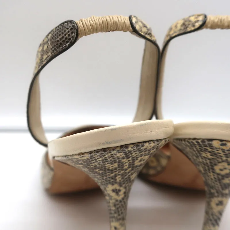 Manolo Blahnik Carolyne Slingback Pumps Ivory Lizard Size 38.5 Pointed Toe Heels