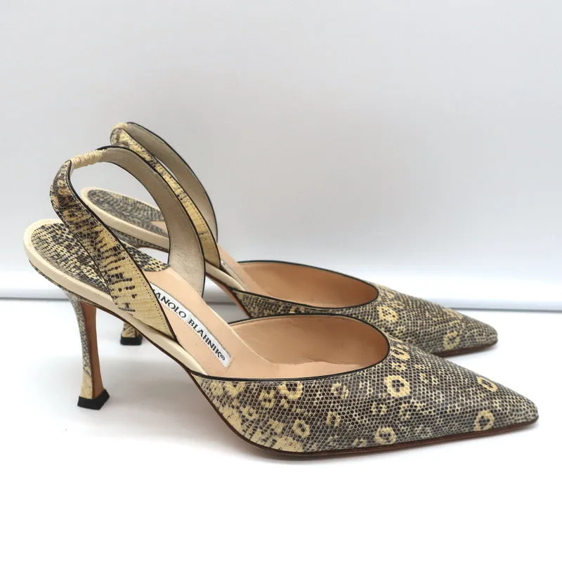 Manolo Blahnik Carolyne Slingback Pumps Ivory Lizard Size 38.5 Pointed Toe Heels