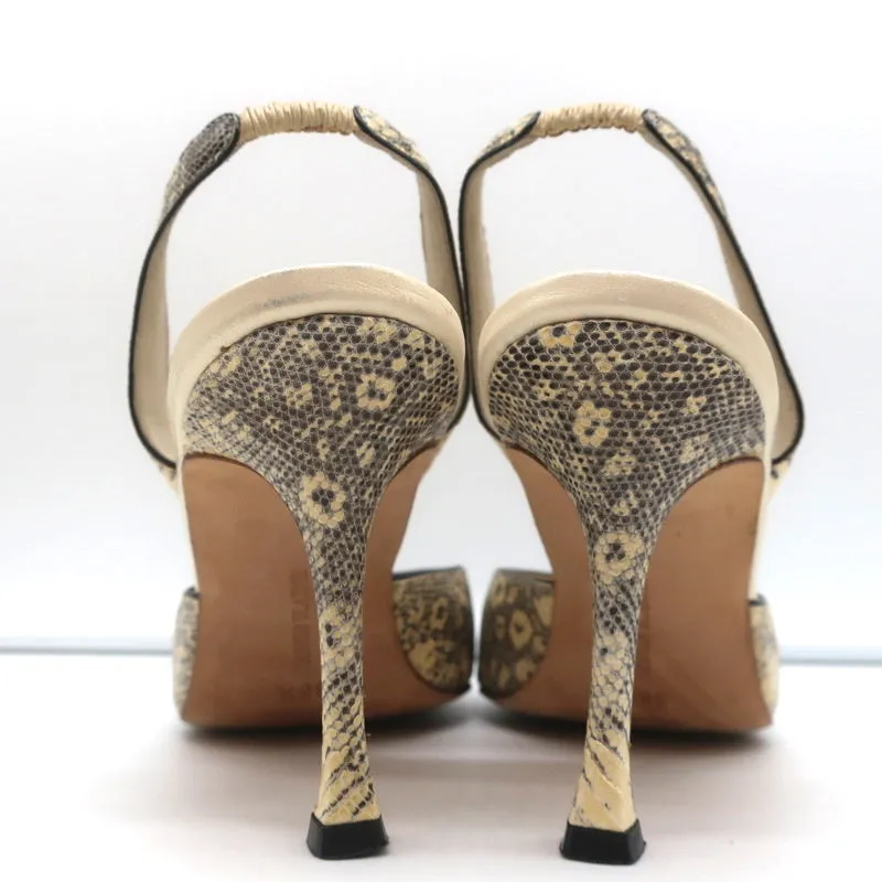 Manolo Blahnik Carolyne Slingback Pumps Ivory Lizard Size 38.5 Pointed Toe Heels