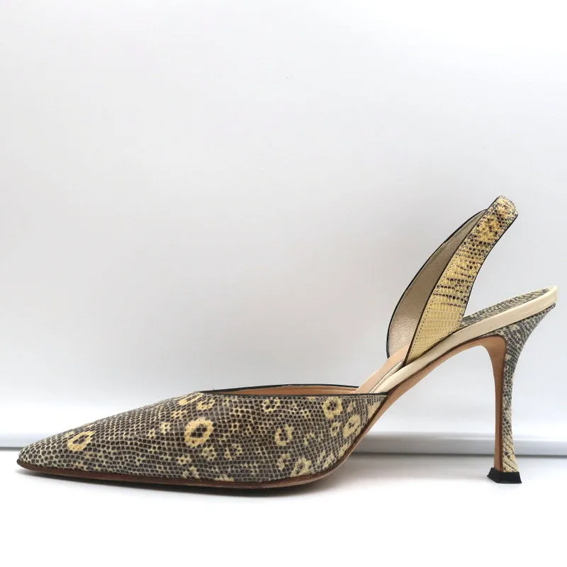 Manolo Blahnik Carolyne Slingback Pumps Ivory Lizard Size 38.5 Pointed Toe Heels