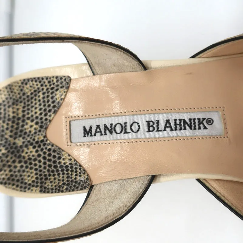 Manolo Blahnik Carolyne Slingback Pumps Ivory Lizard Size 38.5 Pointed Toe Heels