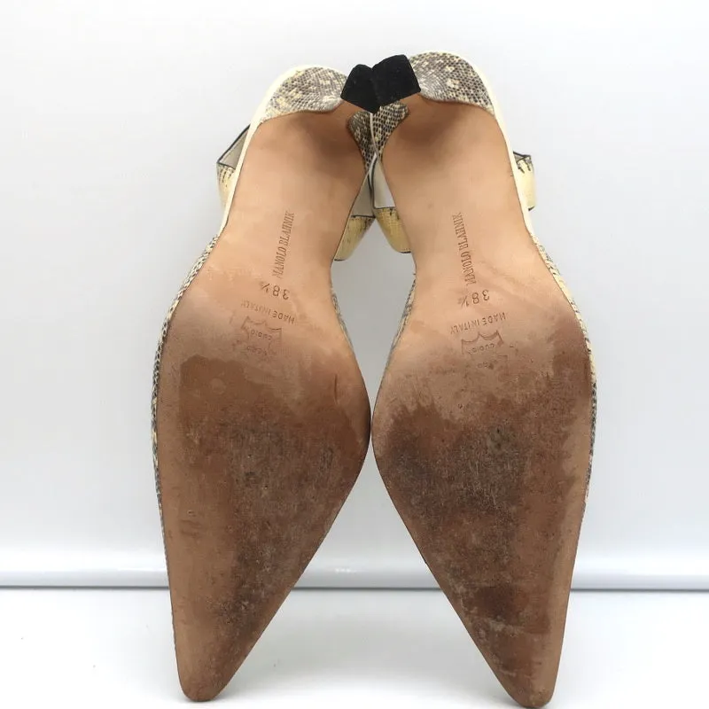 Manolo Blahnik Carolyne Slingback Pumps Ivory Lizard Size 38.5 Pointed Toe Heels