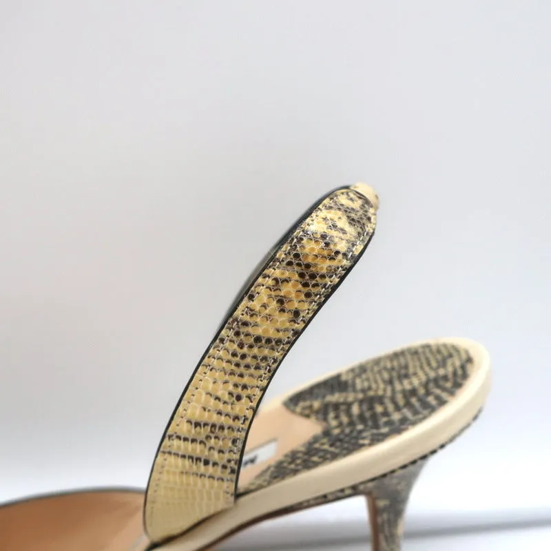 Manolo Blahnik Carolyne Slingback Pumps Ivory Lizard Size 38.5 Pointed Toe Heels