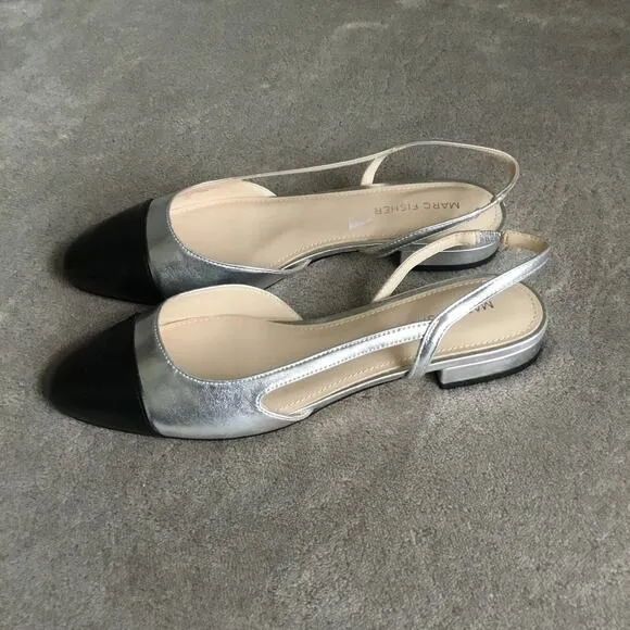 Marc Fisher Dela Closed Toe Slingback Dress Flat Silver Black Sz 7