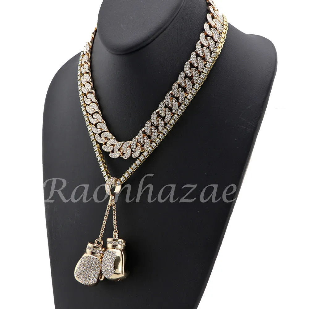 MENS 14K GOLD PT BOXING GLOVES 18" TENNIS CHAIN 16" 30" CHOKER CUBAN CHAIN S27G