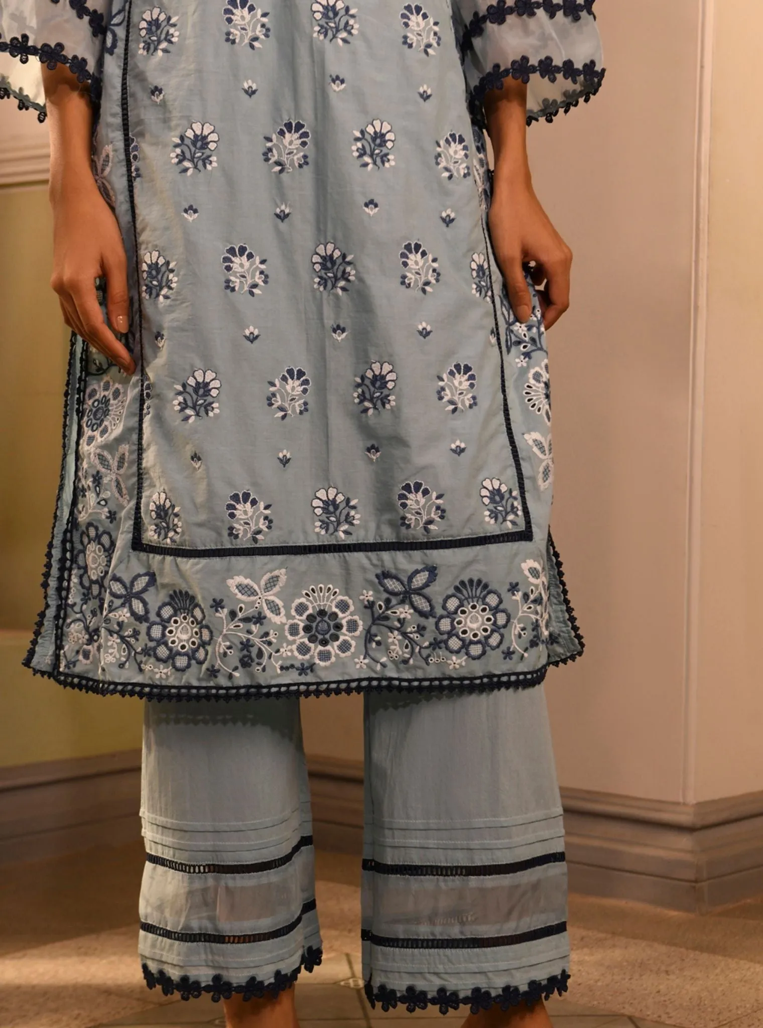 Mulmul Cotton Banu Light Blue Kurta With Mulmul Cotton Banu Light Blue Pant