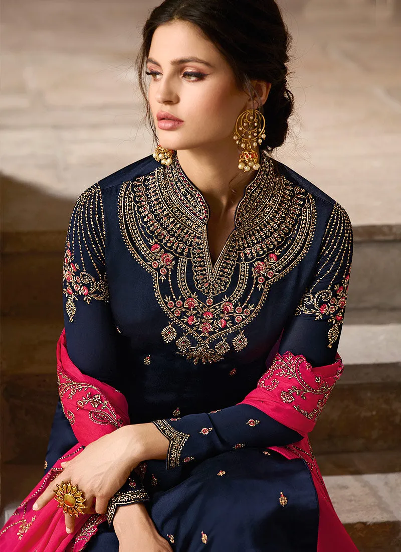 Navy Blue And Pink Traditional Pants Suit