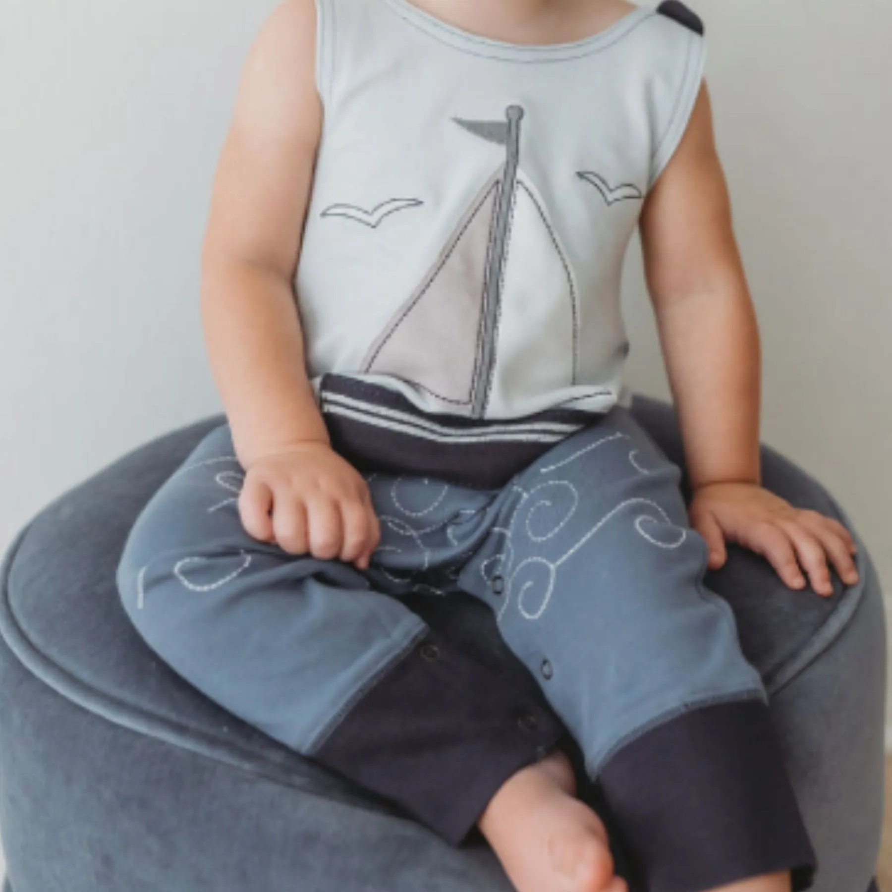 Organic Appliqué Harem Romper, Sailboat