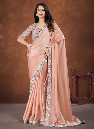 Peach Sequence And Thread Embroidery Saree With Belt