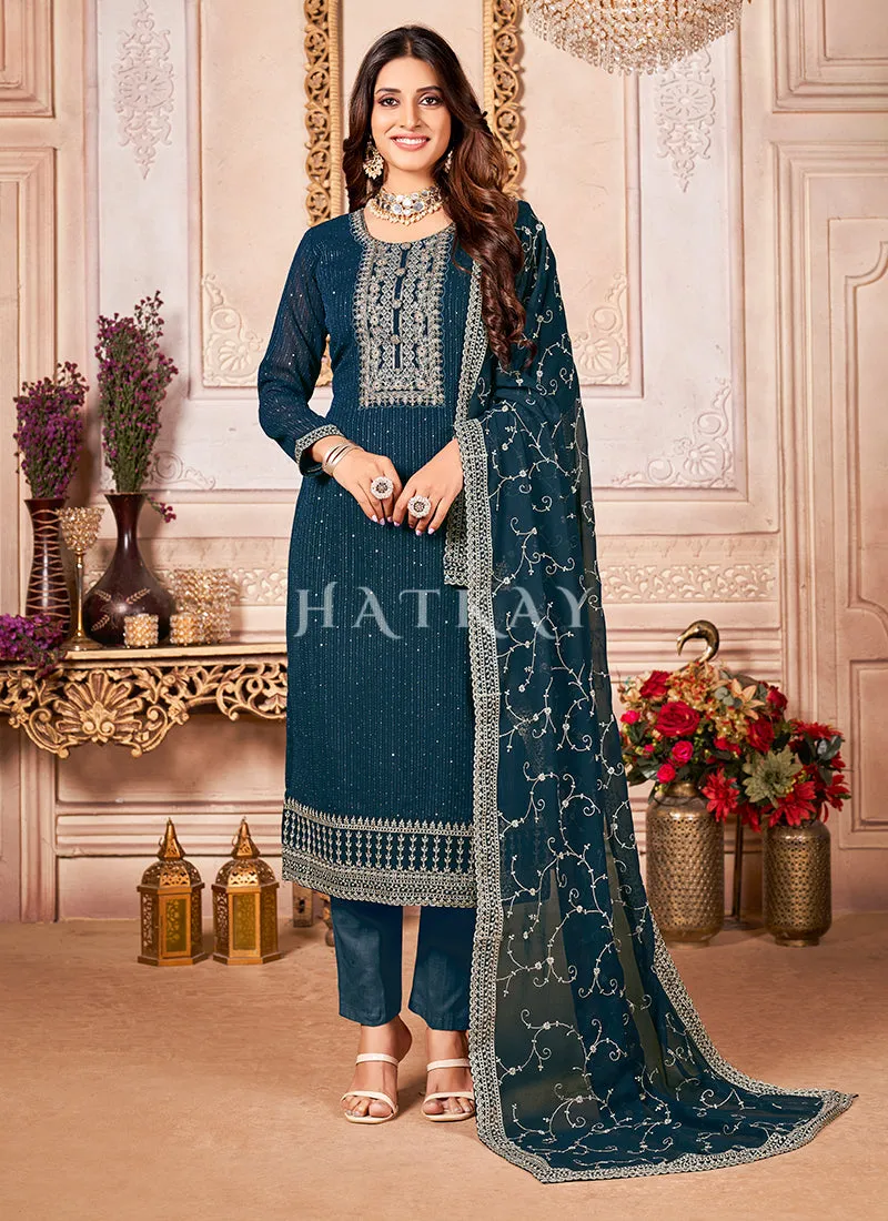 Royal Blue Embroidered Ethnic Georgette Salwar Kameez