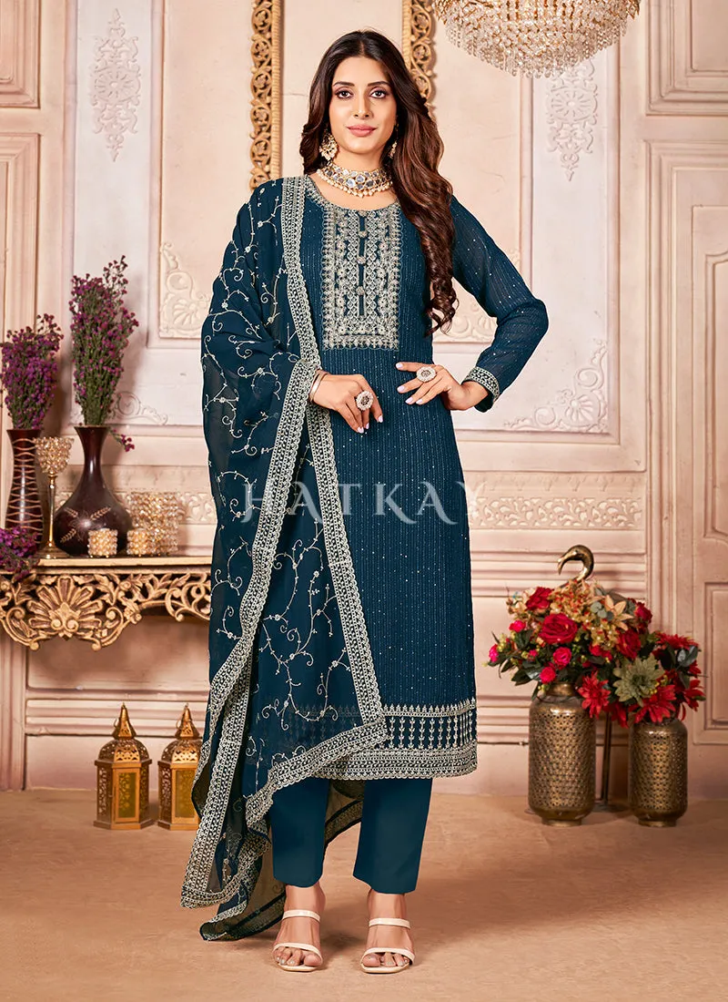 Royal Blue Embroidered Ethnic Georgette Salwar Kameez